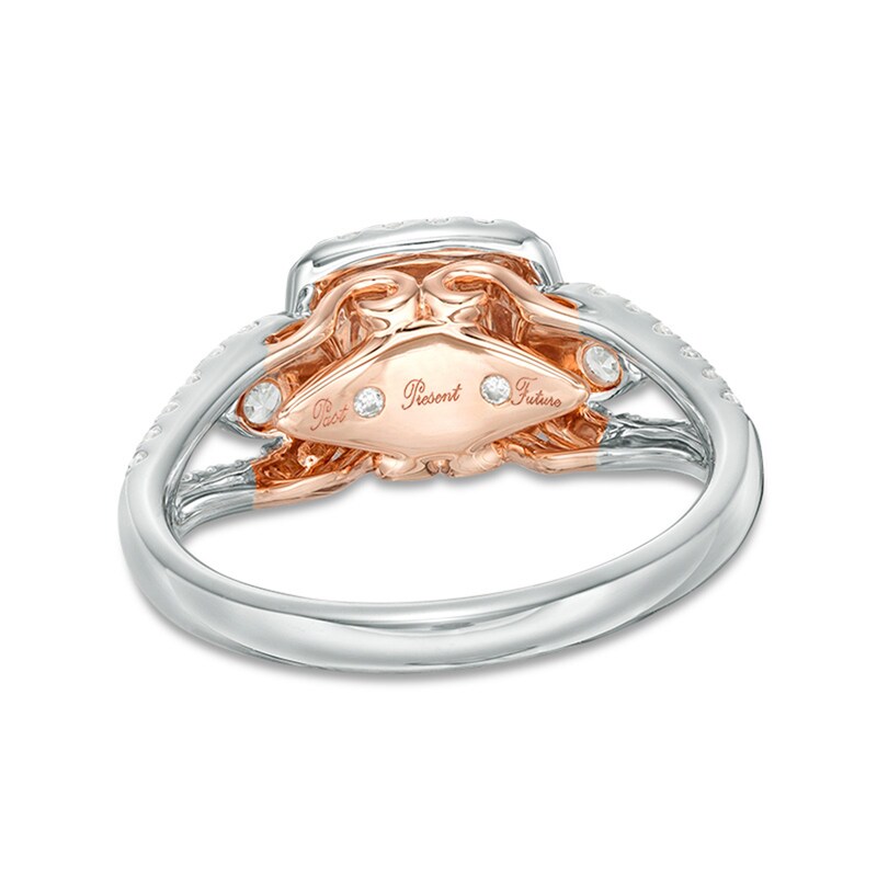 Main Image 3 of Previously Owned - 1 CT. T.W. Diamond Past Present Future® Double Cushion Frame Engagement Ring in 14K Two-Tone Gold