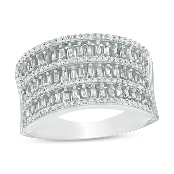 Previously Owned - 1/2 CT. T.w. Baguette and Round Diamond Multi-Row Anniversary Ring in 10K White Gold
