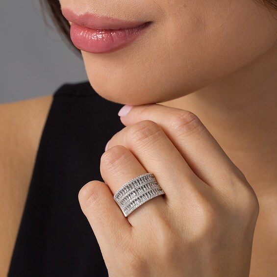 Previously Owned - 1/2 CT. T.w. Baguette and Round Diamond Multi-Row Anniversary Ring in 10K White Gold