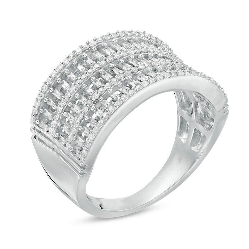 Previously Owned - 1/2 CT. T.W. Baguette and Round Diamond Multi-Row Anniversary Ring in 10K White Gold
