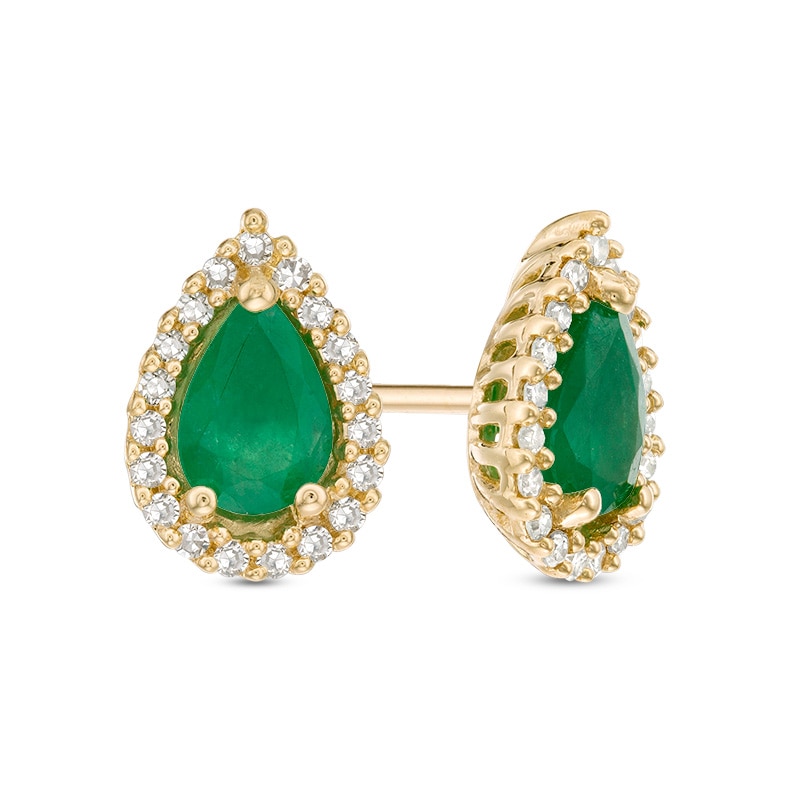 Previously Owned - Pear-Shaped Emerald and 1/8 CT. T.W. Diamond Frame Stud Earrings in 10K Gold