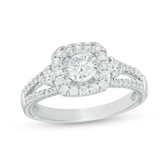 Previously Owned - 1 CT. T.w. Composite Diamond Cushion Frame Vintage-Style Engagement Ring in 10K White Gold