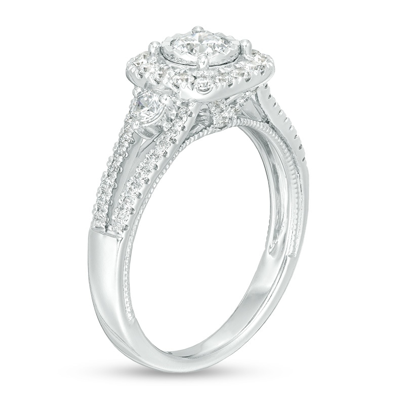 Previously Owned - 1 CT. T.W. Composite Diamond Cushion Frame Vintage-Style Engagement Ring in 10K White Gold