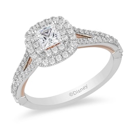 Previously Owned - Enchanted Disney Belle 3/4 CT. T.W. Princess-Cut Diamond Double Frame Rose Ring in 14K Two-Tone Gold