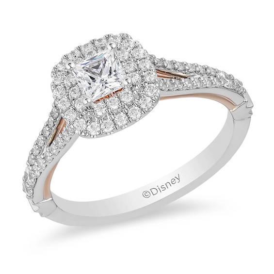 Previously Owned - Enchanted Disney Belle 3/4 CT. T.w. Princess-Cut Diamond Double Frame Rose Ring in 14K Two-Tone Gold