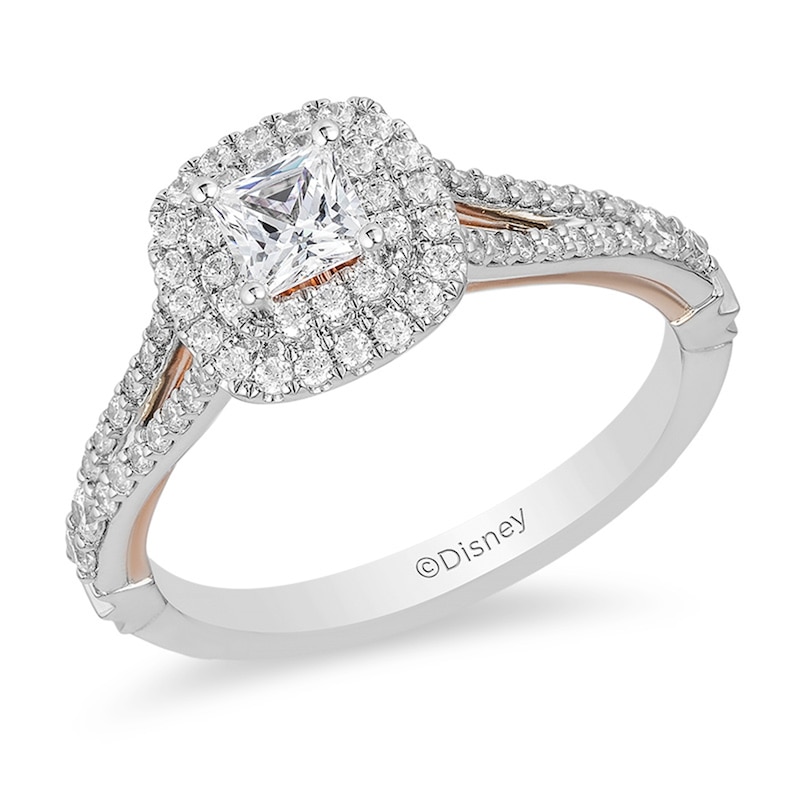 Main Image 1 of Previously Owned - Enchanted Disney Belle 3/4 CT. T.W. Princess-Cut Diamond Double Frame Rose Ring in 14K Two-Tone Gold