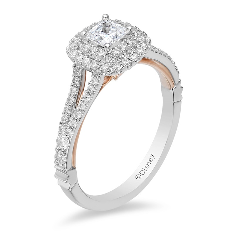 Main Image 2 of Previously Owned - Enchanted Disney Belle 3/4 CT. T.W. Princess-Cut Diamond Double Frame Rose Ring in 14K Two-Tone Gold