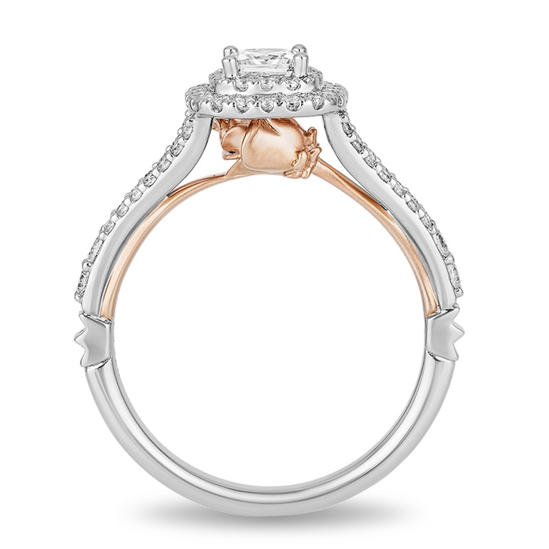 Main Image 3 of Previously Owned - Enchanted Disney Belle 3/4 CT. T.W. Princess-Cut Diamond Double Frame Rose Ring in 14K Two-Tone Gold