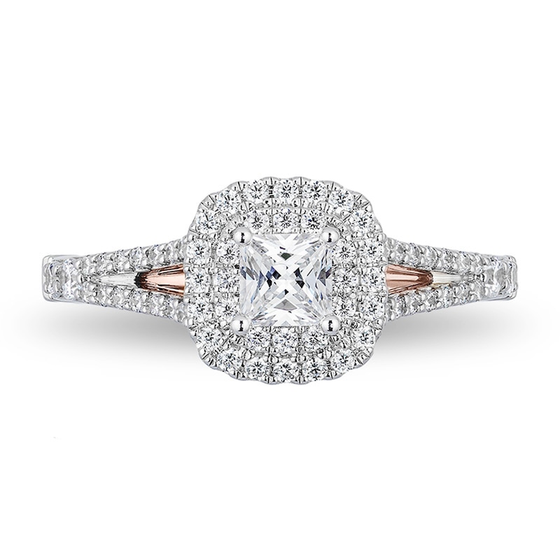 Main Image 4 of Previously Owned - Enchanted Disney Belle 3/4 CT. T.W. Princess-Cut Diamond Double Frame Rose Ring in 14K Two-Tone Gold