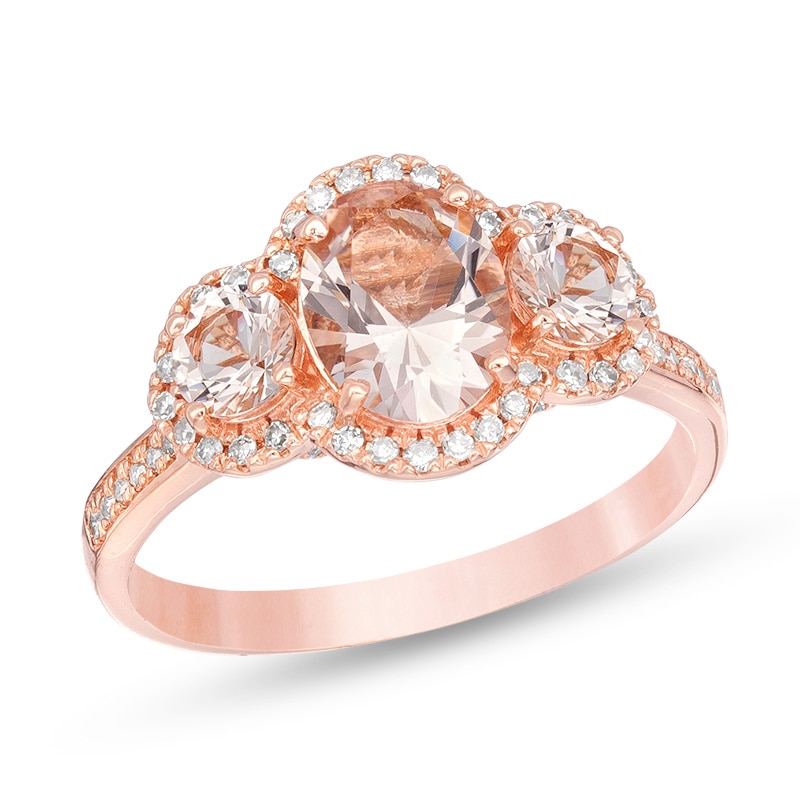 Main Image 1 of Previously Owned - Oval Morganite and 1/5 CT. T.W. Diamond Frame Three Stone Engagement Ring in 14K Rose Gold