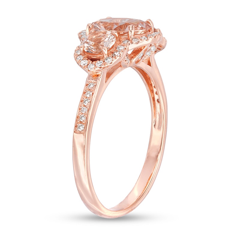 Main Image 2 of Previously Owned - Oval Morganite and 1/5 CT. T.W. Diamond Frame Three Stone Engagement Ring in 14K Rose Gold