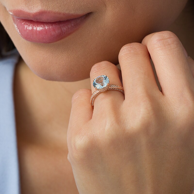 Main Image 2 of Previously Owned - 9.0mm Aquamarine and 1/2 CT. T.W. Diamond Engagement Ring in 14K Rose Gold