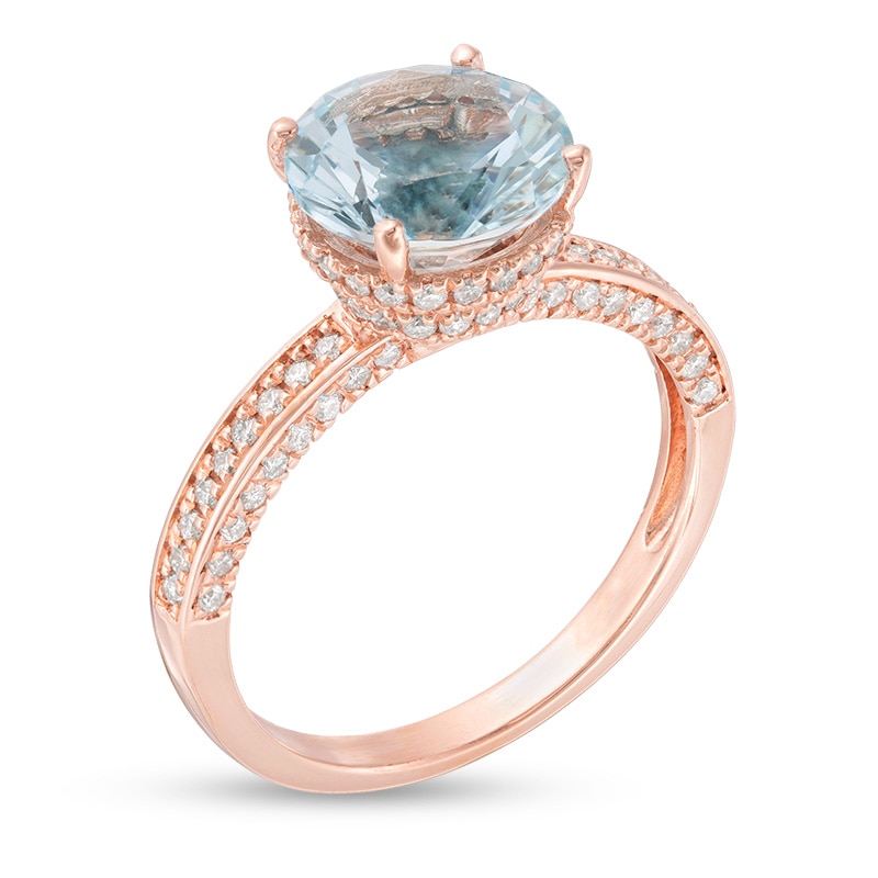 Previously Owned - 9.0mm Aquamarine and 1/2 CT. T.W. Diamond Engagement ...