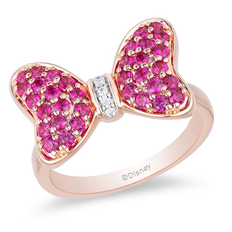 Main Image 1 of Previously Owned - Mickey Mouse & Minnie Mouse Garnet and Diamond Accent Bow Ring in 10K Rose Gold