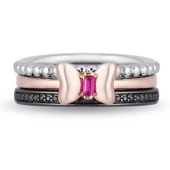 Previously Owned - Mickey Mouse & Minnie Mouse Garnet and Diamond Band Set in Sterling Silver and 10K Rose Gold