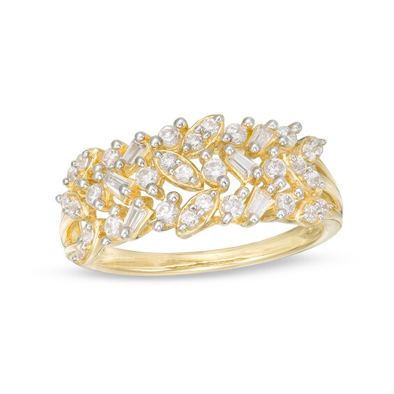 Previously Owned - 1/2 CT. T.w. Baguette and Round Diamond Multi-Row Geometric Ring in 10K Gold
