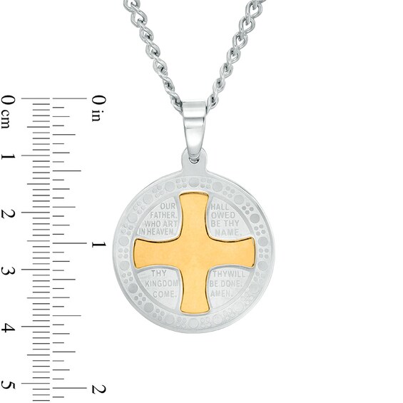 Previously Owned - Men's Multi-Finish Lord's Prayer and Cross Medallion Pendant in Stainless Steel and Yellow IP - 24"