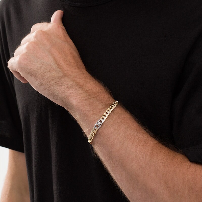 Main Image 2 of Previously Owned - Made in Italy Men's 6.5mm Curb Chain Station Necklace in 10K Two-Tone Gold - 22"