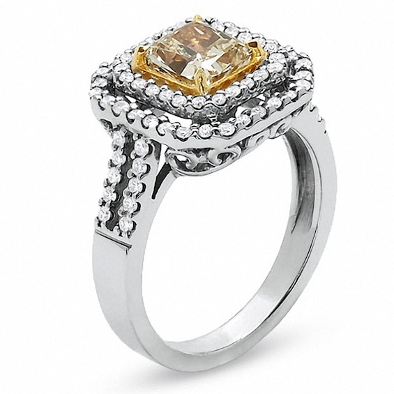 Previously Owned - 2 CT. T.w. Fancy Yellow Diamond Double Framed Ring in 18K Two-Tone Gold