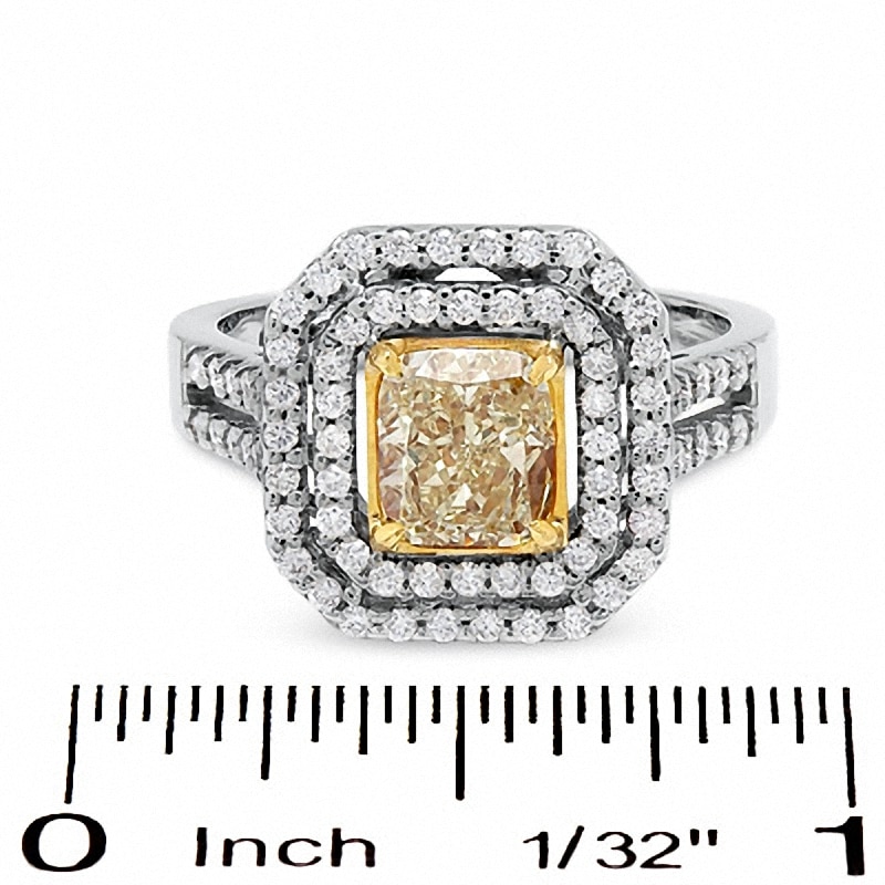 Main Image 3 of Previously Owned - 2 CT. T.W. Fancy Yellow Diamond Double Framed Ring in 18K Two-Tone Gold