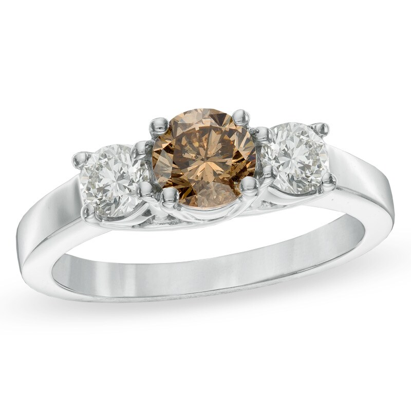 Main Image 1 of Previously Owned - 1 CT. T.W. Champagne and White Diamond Three Stone Ring in 14K White Gold (I1)