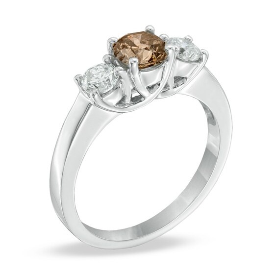Previously Owned - 1 CT. T.w. Champagne and White Diamond Three Stone Ring in 14K White Gold (I1)
