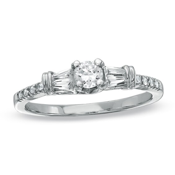 Previously Owned - 1/3 CT. T.w. Round and Baguette Diamond Engagement Ring in 10K White Gold