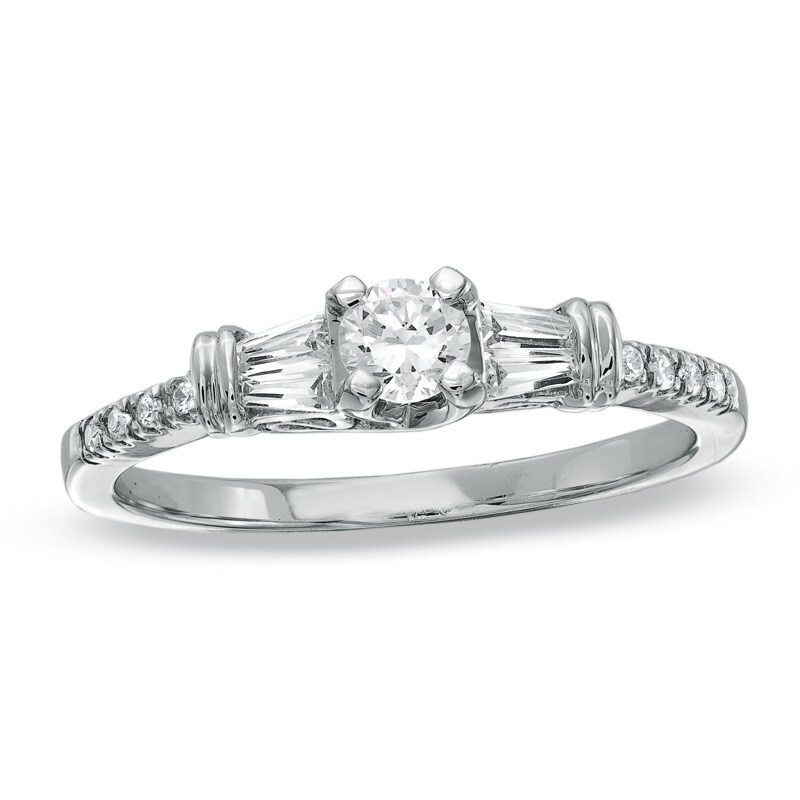 Main Image 1 of Previously Owned - 1/3 CT. T.W. Round and Baguette Diamond Engagement Ring in 10K White Gold