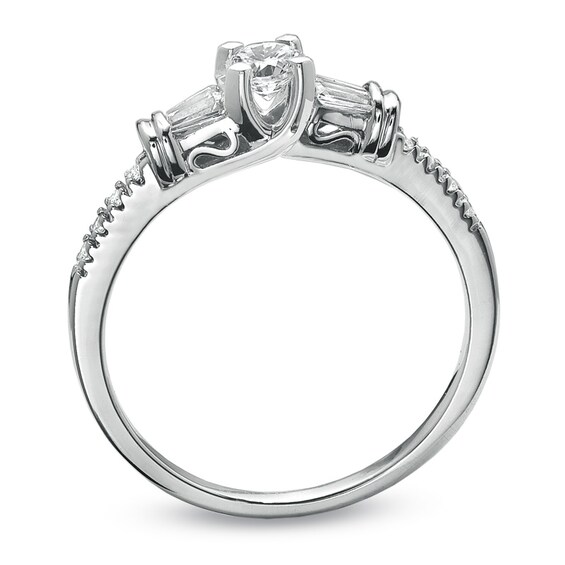 Previously Owned - 1/3 CT. T.w. Round and Baguette Diamond Engagement Ring in 10K White Gold