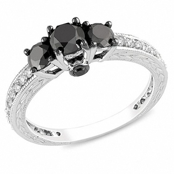 Previously Owned - 1-1/4 CT. T.w. Enhanced Black and White Diamond Three Stone Engagement Ring in 10K White Gold