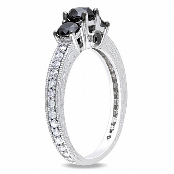 Previously Owned - 1-1/4 CT. T.w. Enhanced Black and White Diamond Three Stone Engagement Ring in 10K White Gold