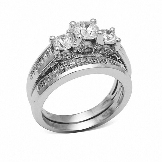 Previously Owned - 2 CT. T.w. Diamond Three Stone Bridal Set in 14K White Gold