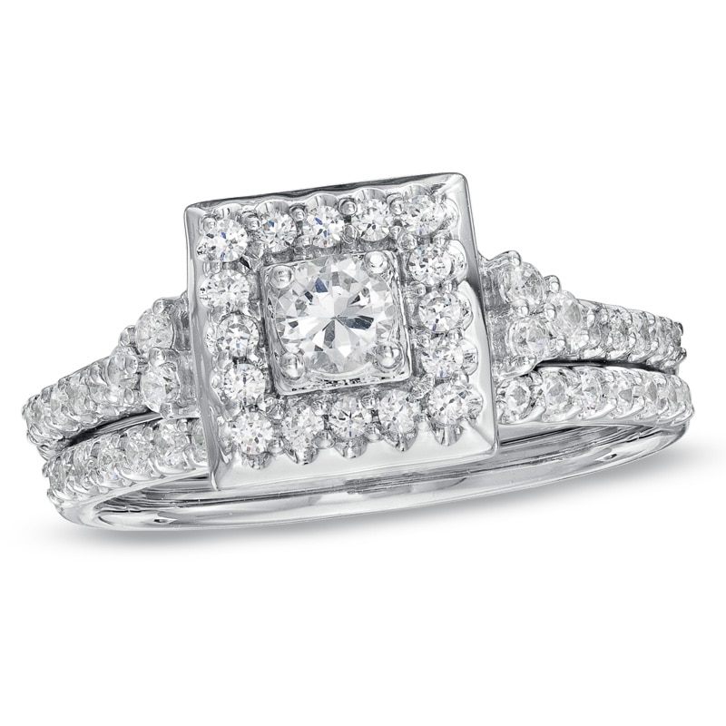 Main Image 1 of Previously Owned - 3/4 CT. T.W. Diamond Square Frame Bridal Set in 10K White Gold