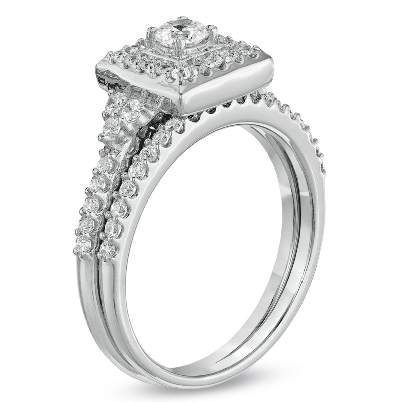 Main Image 2 of Previously Owned - 3/4 CT. T.W. Diamond Square Frame Bridal Set in 10K White Gold