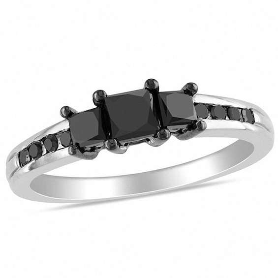 Previously Owned - 1 CT. T.w. Princess-Cut Black Diamond Three Stone Ring in 10K White Gold