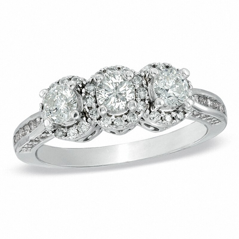 Main Image 1 of Previously Owned - 1 CT. T.W. Diamond Three Stone Frame Ring in 10K White Gold