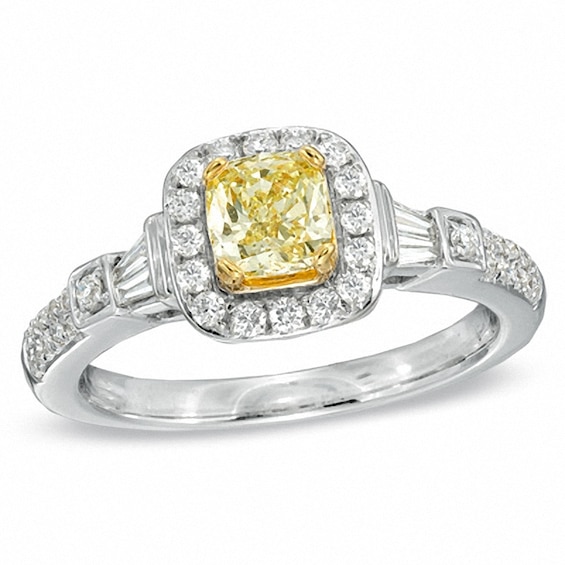 Previously Owned - 1 CT. T.w. Cushion-Cut Yellow Diamond Frame Engagement Ring in 18K White Gold (P/Si2)