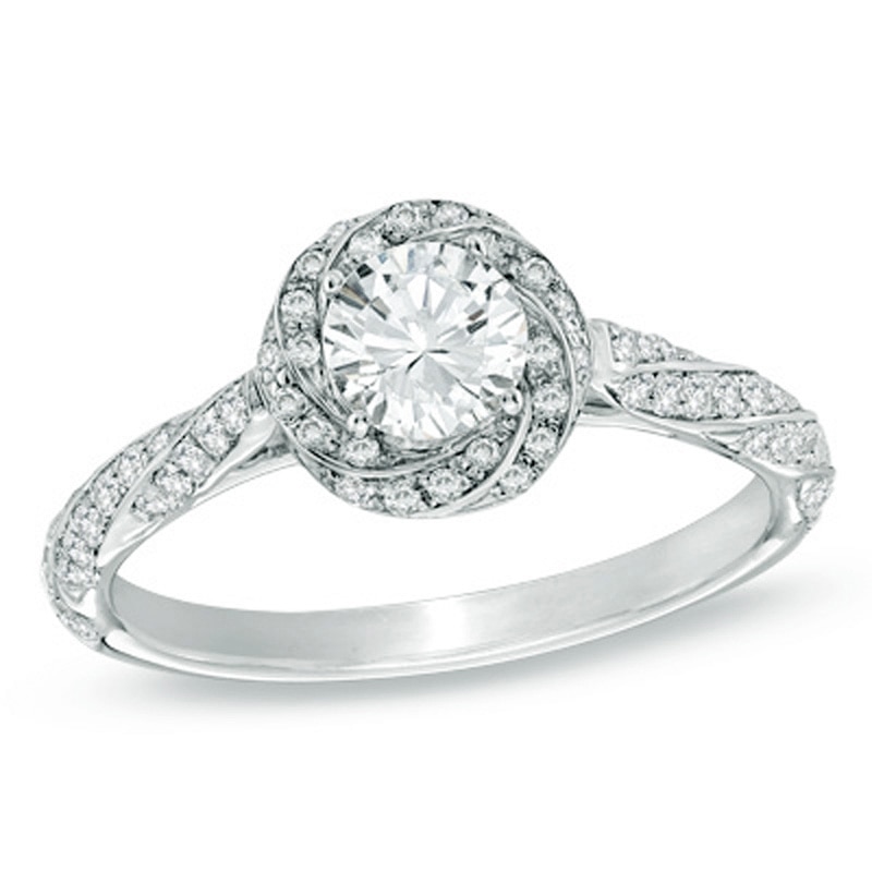 Main Image 1 of Previously Owned - Celebration 102® 7/8 CT. T.W. Diamond Cascading Frame Engagement Ring in 18K White Gold (I/SI2)