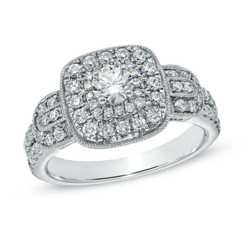 Main Image 1 of Previously Owned - Celebration Grand® 1 CT. T.W. Diamond Frame Vintage-Style Engagement Ring in 14K White Gold (I/I1)