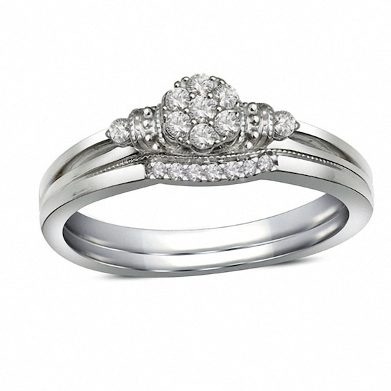 Previously Owned - 1/8 CT. T.w. Diamond Cluster Vintage-Style Bridal Set in 10K White Gold