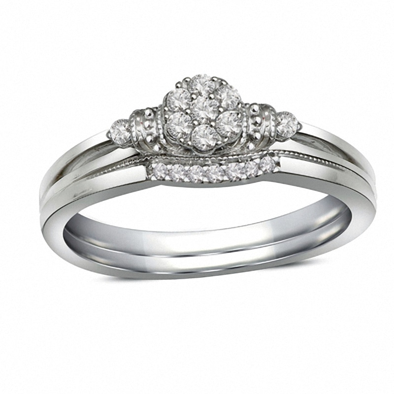 Main Image 1 of Previously Owned - 1/8 CT. T.W. Diamond Cluster Vintage-Style Bridal Set in 10K White Gold