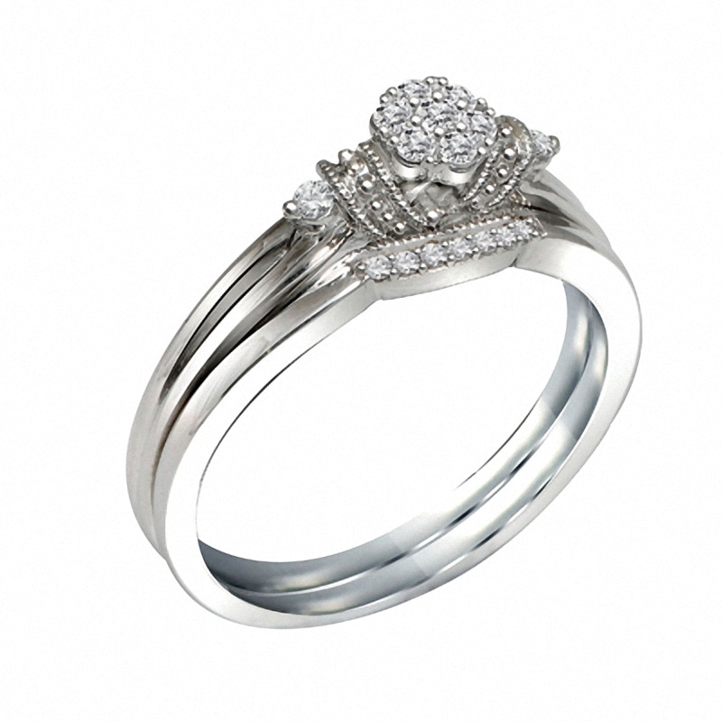 Main Image 2 of Previously Owned - 1/8 CT. T.W. Diamond Cluster Vintage-Style Bridal Set in 10K White Gold