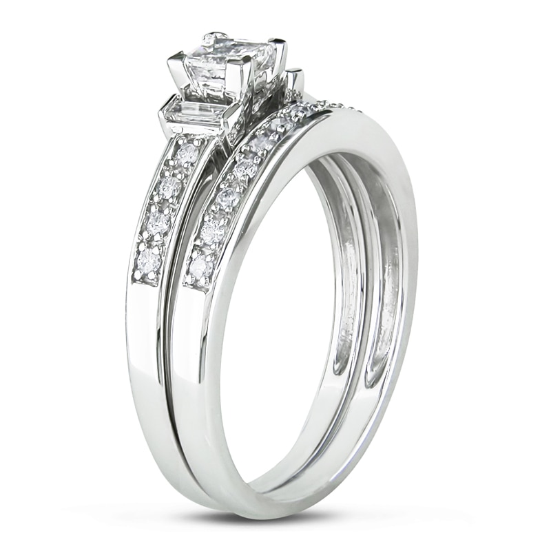 Main Image 2 of Previously Owned - 1/3 CT. T.W. Princess-Cut and Baguette Diamond Three Stone Bridal Set in Sterling Silver