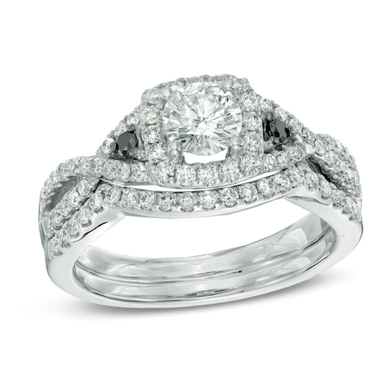 Previously Owned - 1 CT. T.w. Enhanced Black and White Diamond Bridal Set in 14K White Gold
