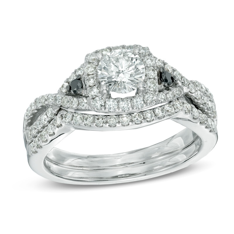 Main Image 1 of Previously Owned - 1 CT. T.W. Enhanced Black and White Diamond Bridal Set in 14K White Gold