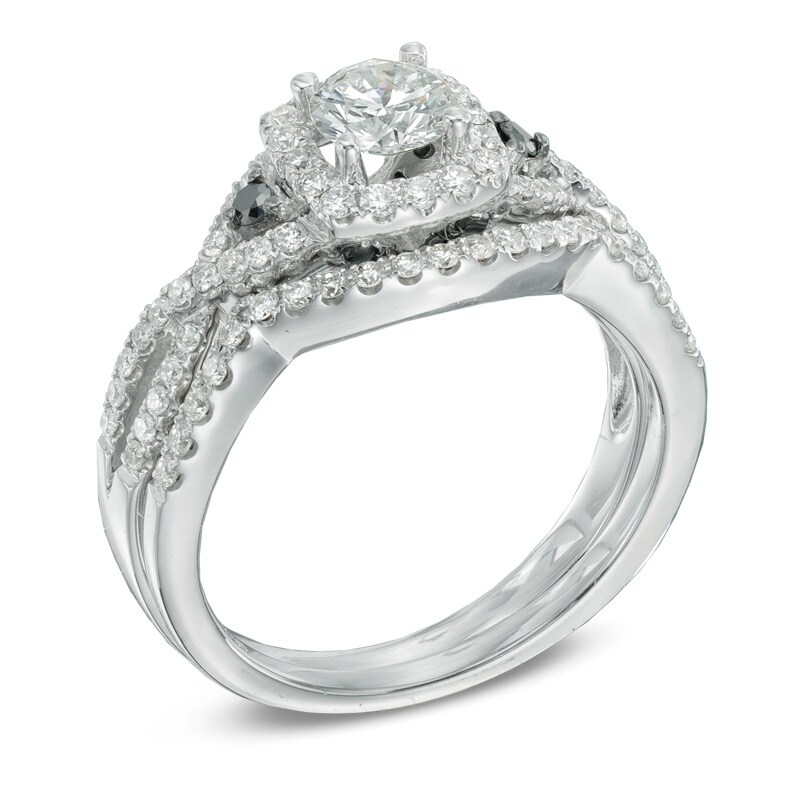 Main Image 2 of Previously Owned - 1 CT. T.W. Enhanced Black and White Diamond Bridal Set in 14K White Gold