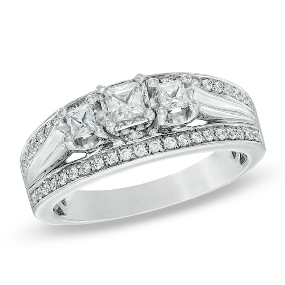 Previously Owned - 1/2 CT. T.w. Princess-Cut Diamond Edge Three Stone Band in 10K White Gold