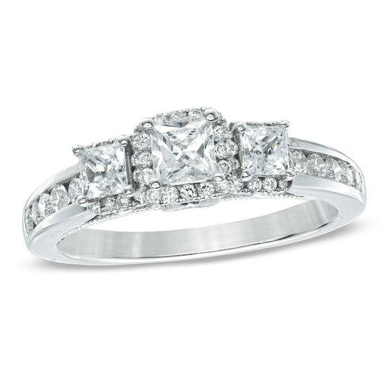 Previously Owned - Celebration Ideal 1-1/5 CT. T.w. Princess-Cut Diamond Three Stone Ring in 14K White Gold (I/I1)