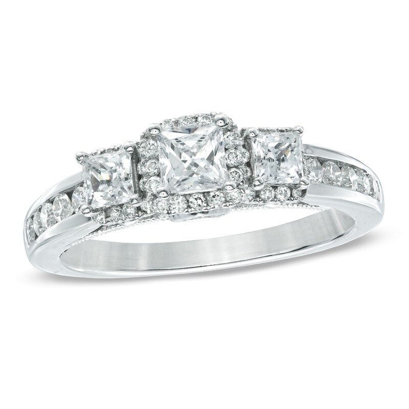 Main Image 1 of Previously Owned - Celebration Ideal 1-1/5 CT. T.W. Princess-Cut Diamond Three Stone Ring in 14K White Gold (I/I1)