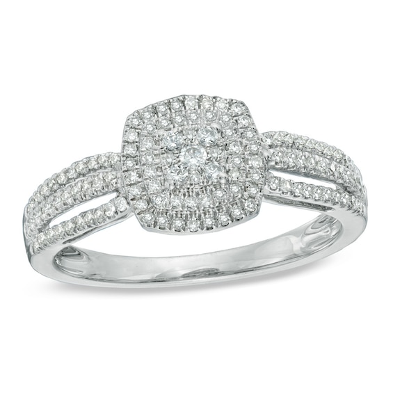Previously Owned - 1/3 CT. T.w. Multi-Diamond Double Frame Split Shank Engagement Ring in 10K White Gold